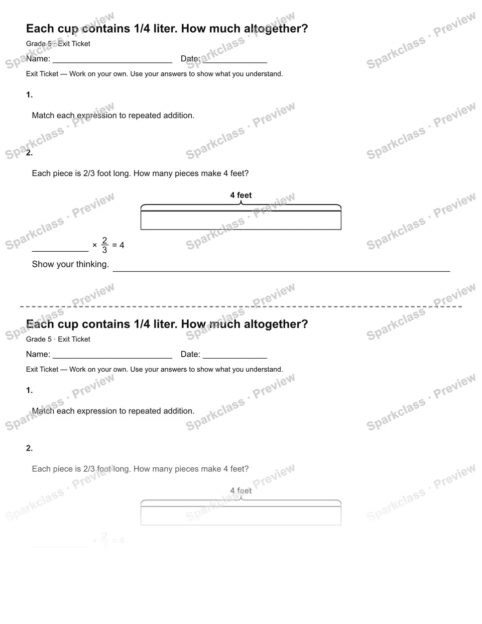 Each cup contains 1/4 liter. How much altogether? — Exit Ticket — Grade 5 worksheet preview