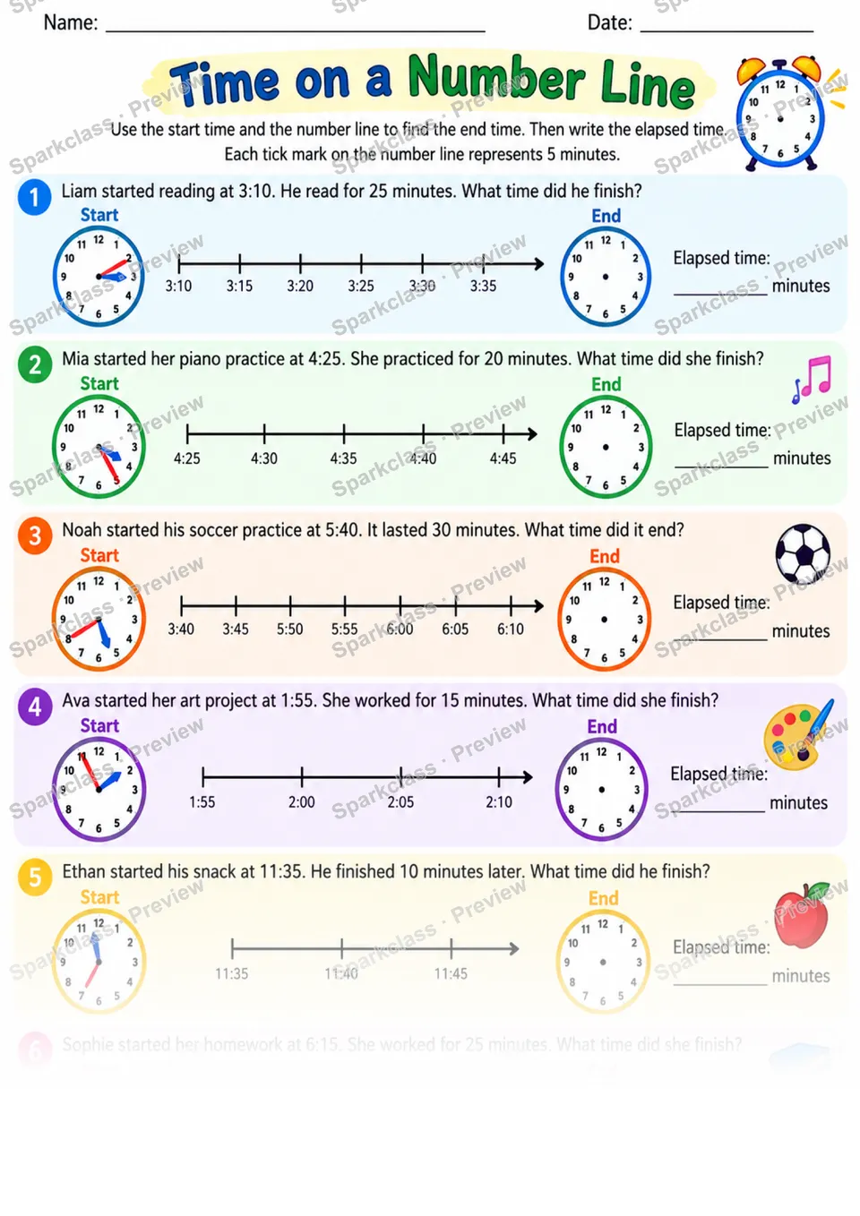 2.MD.C.7 · Time Number Line Reinforcement — Grade 2 worksheet preview
