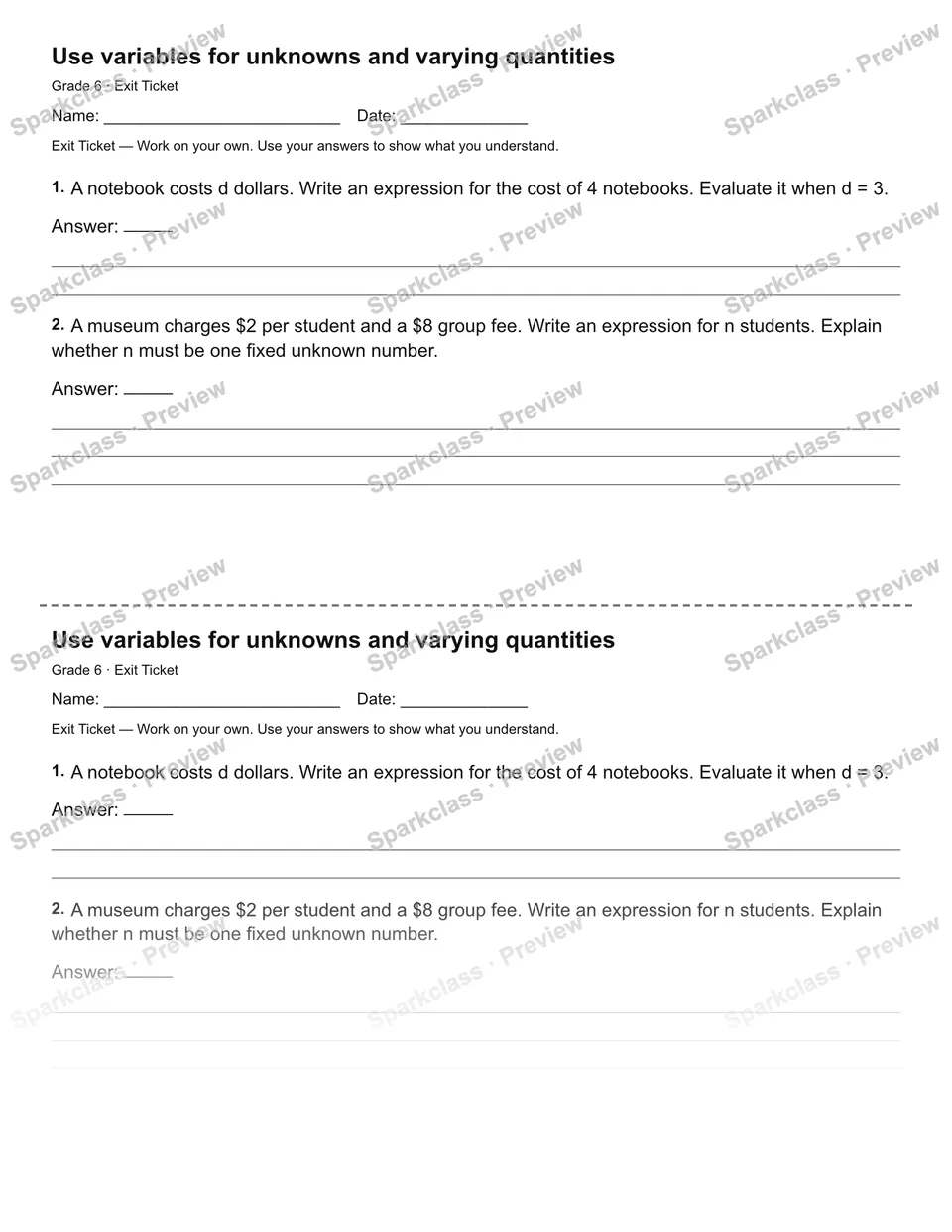Use variables for unknowns and varying quantities — Exit Ticket — Grade 6 worksheet preview