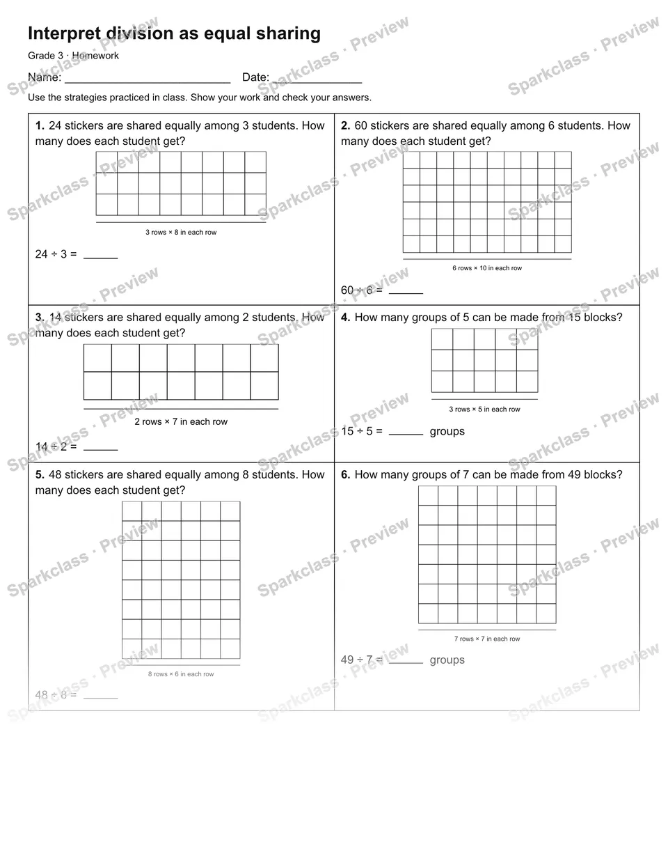 Interpret division as equal sharing — Homework — Grade 3 worksheet preview