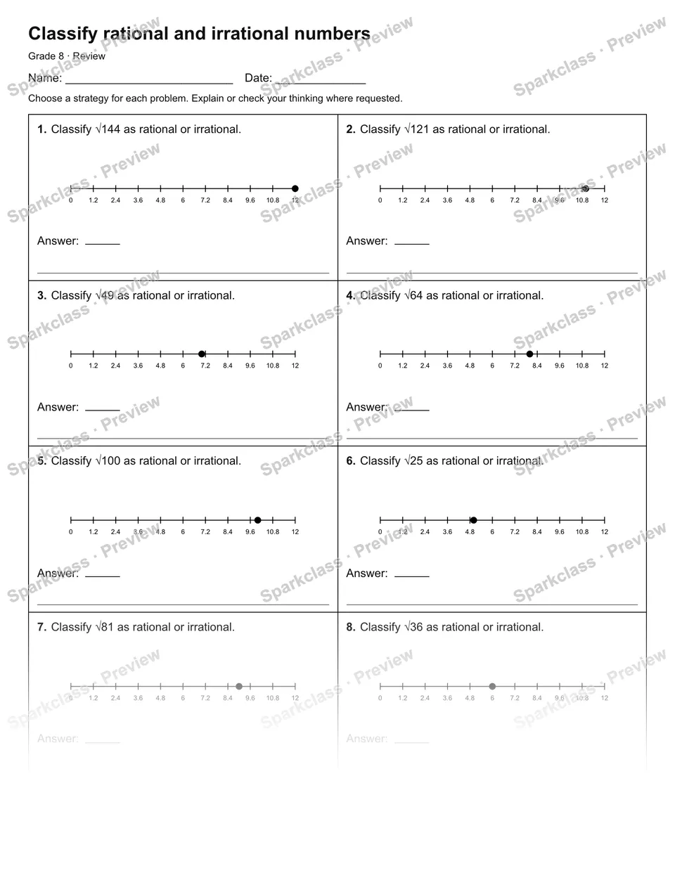Classify rational and irrational numbers — Review — Grade 8 worksheet preview