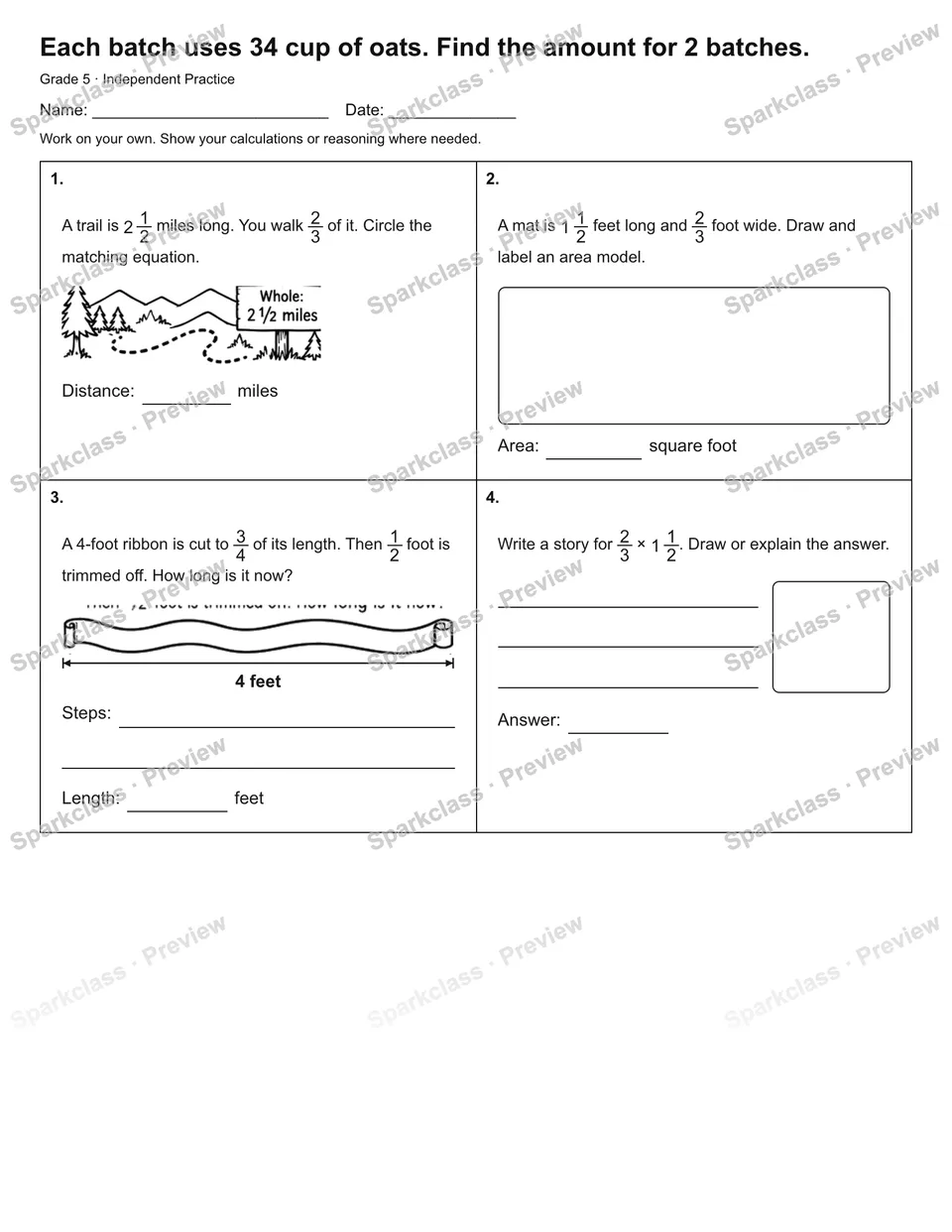 Each batch uses 34 cup of oats. Find the amount for 2 batches. — Independent Practice — Grade 5 worksheet preview