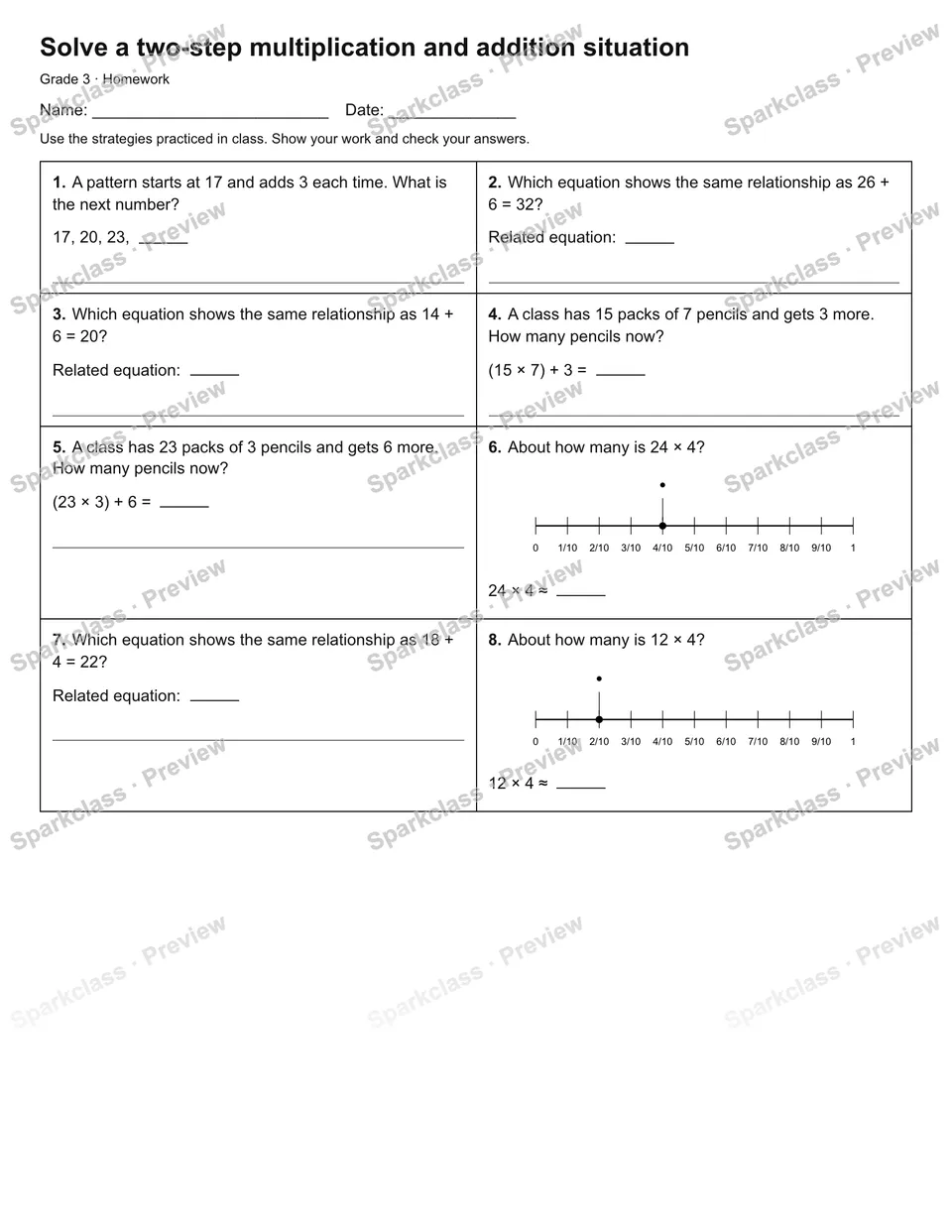Solve a two-step multiplication and addition situation — Homework — Grade 3 worksheet preview