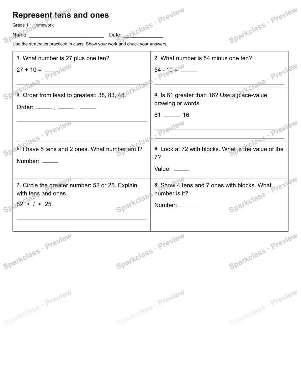 Represent tens and ones — Homework — Grade 1 worksheet preview