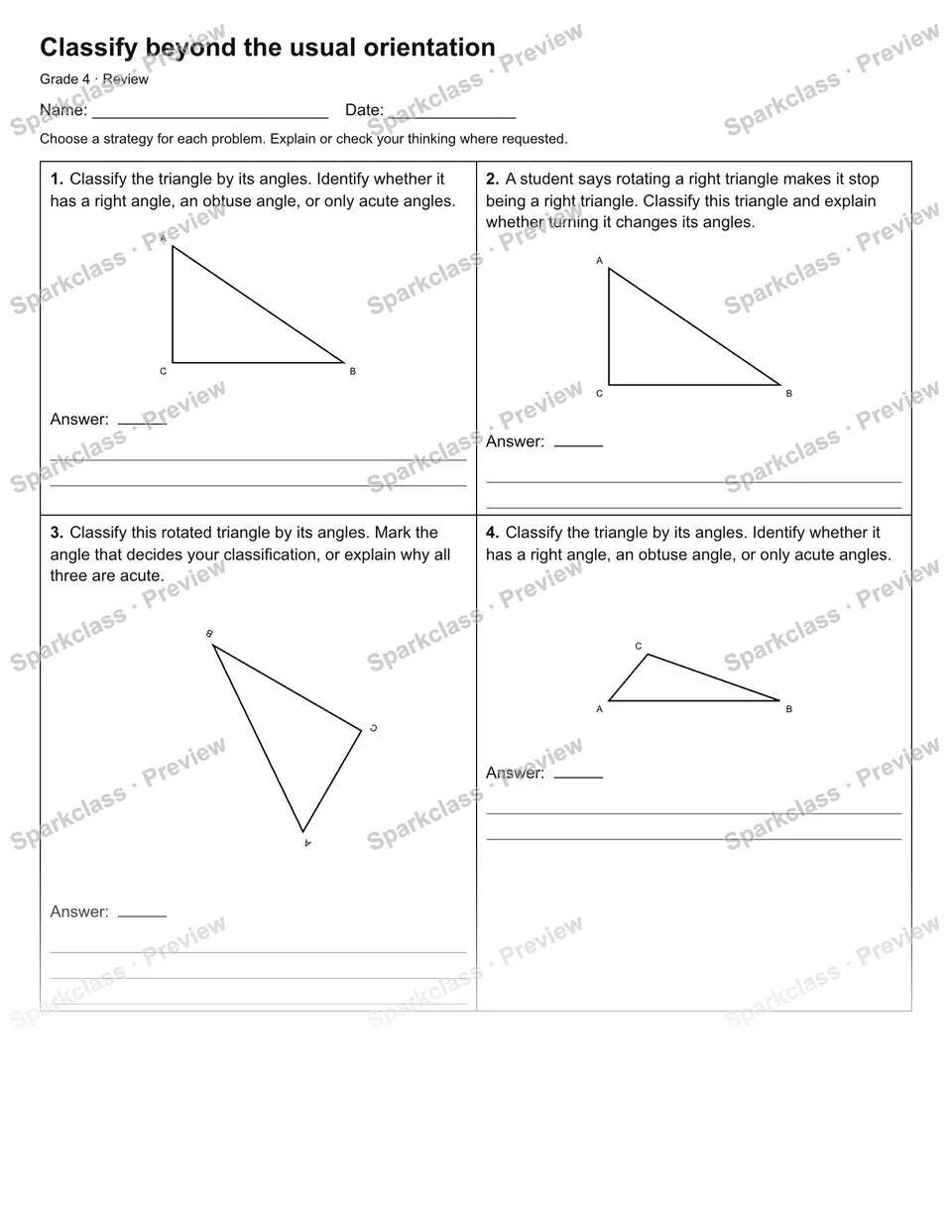 Classify beyond the usual orientation — Review — Grade 4 worksheet preview