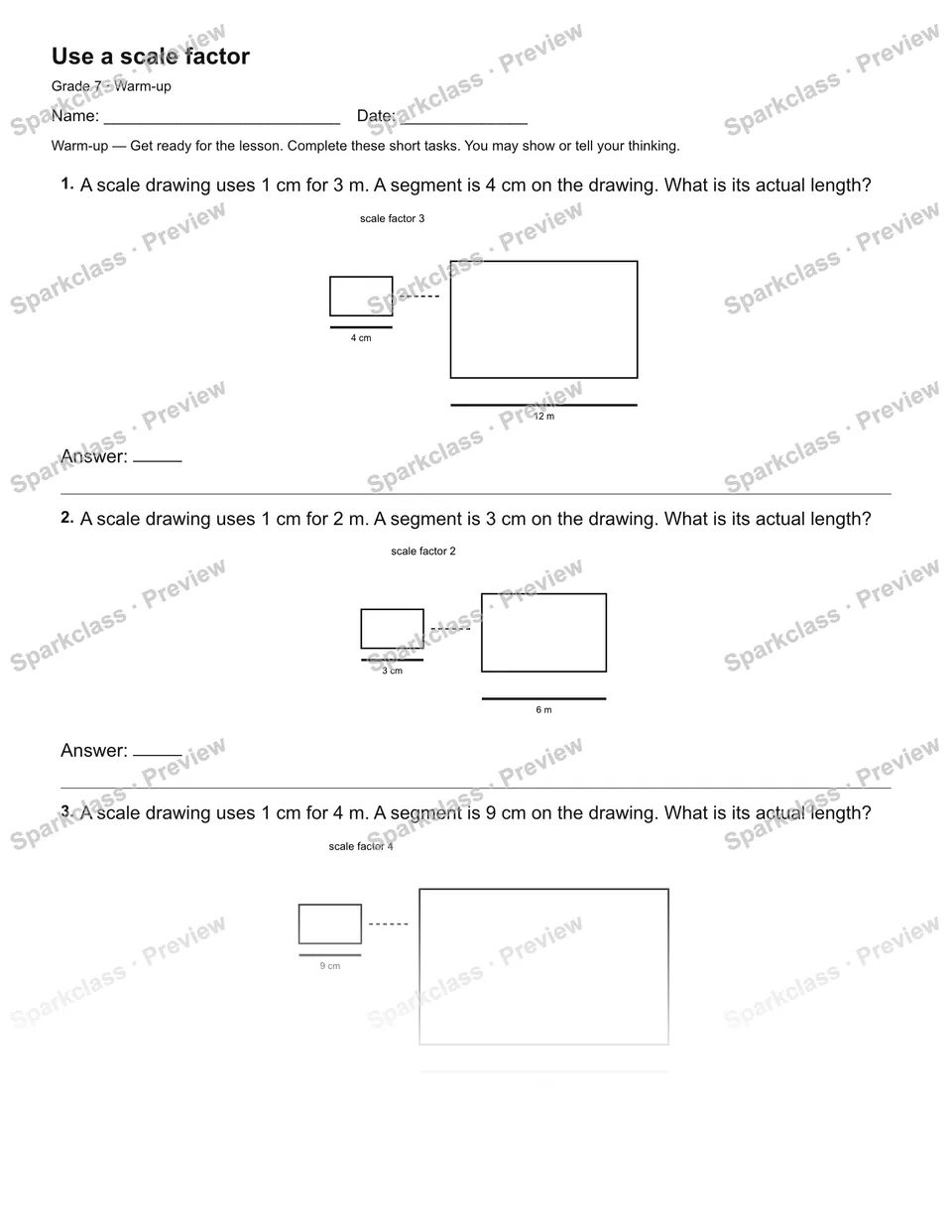 Use a scale factor — Warm-up — Grade 7 worksheet preview