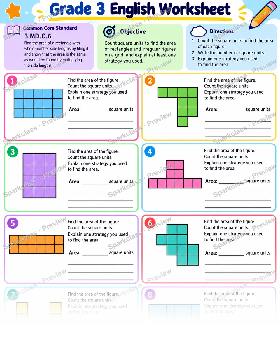 Area Grid Review 01 — Grade 3 worksheet preview