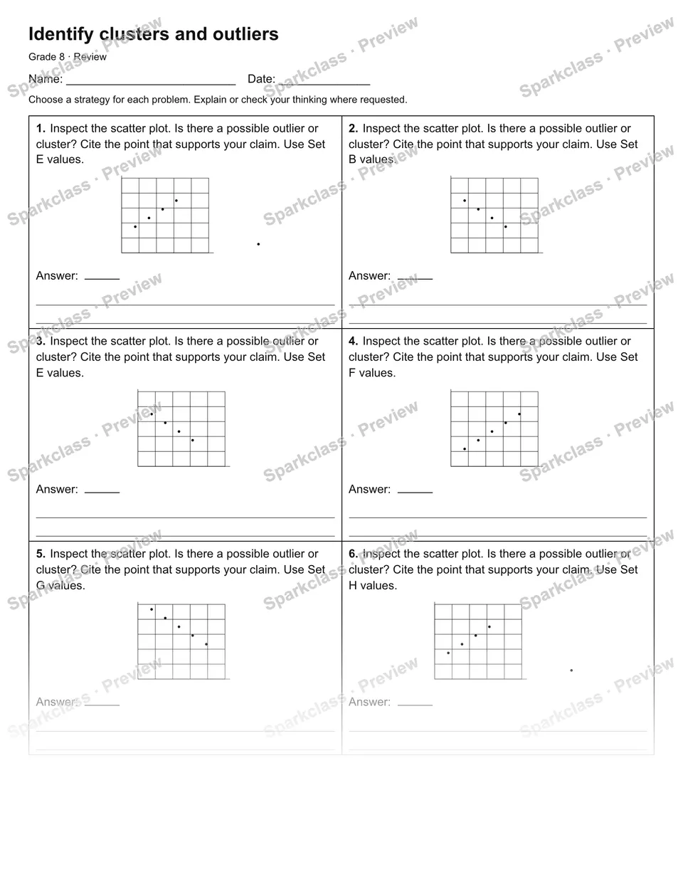Identify clusters and outliers — Review — Grade 8 worksheet preview