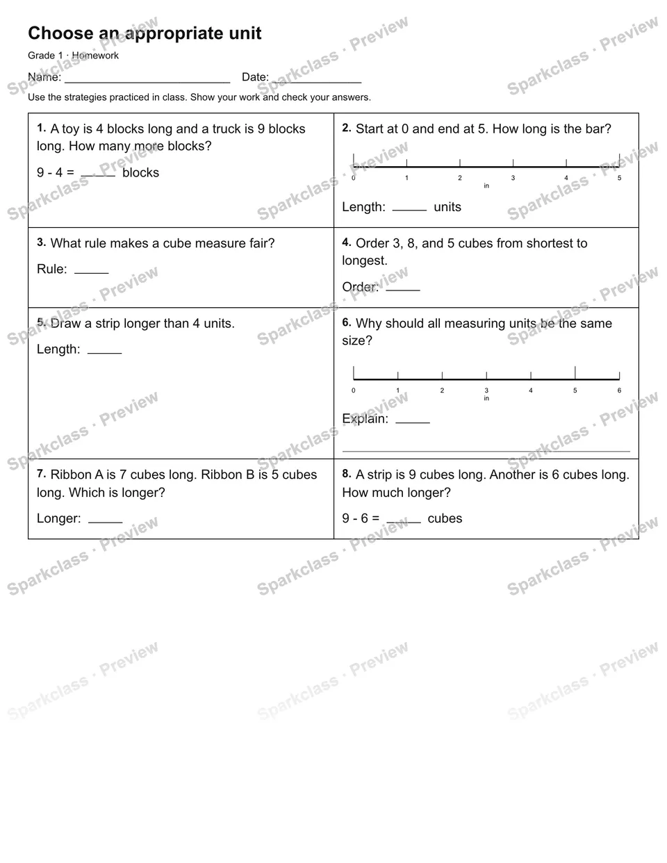 Choose an appropriate unit — Homework — Grade 1 worksheet preview