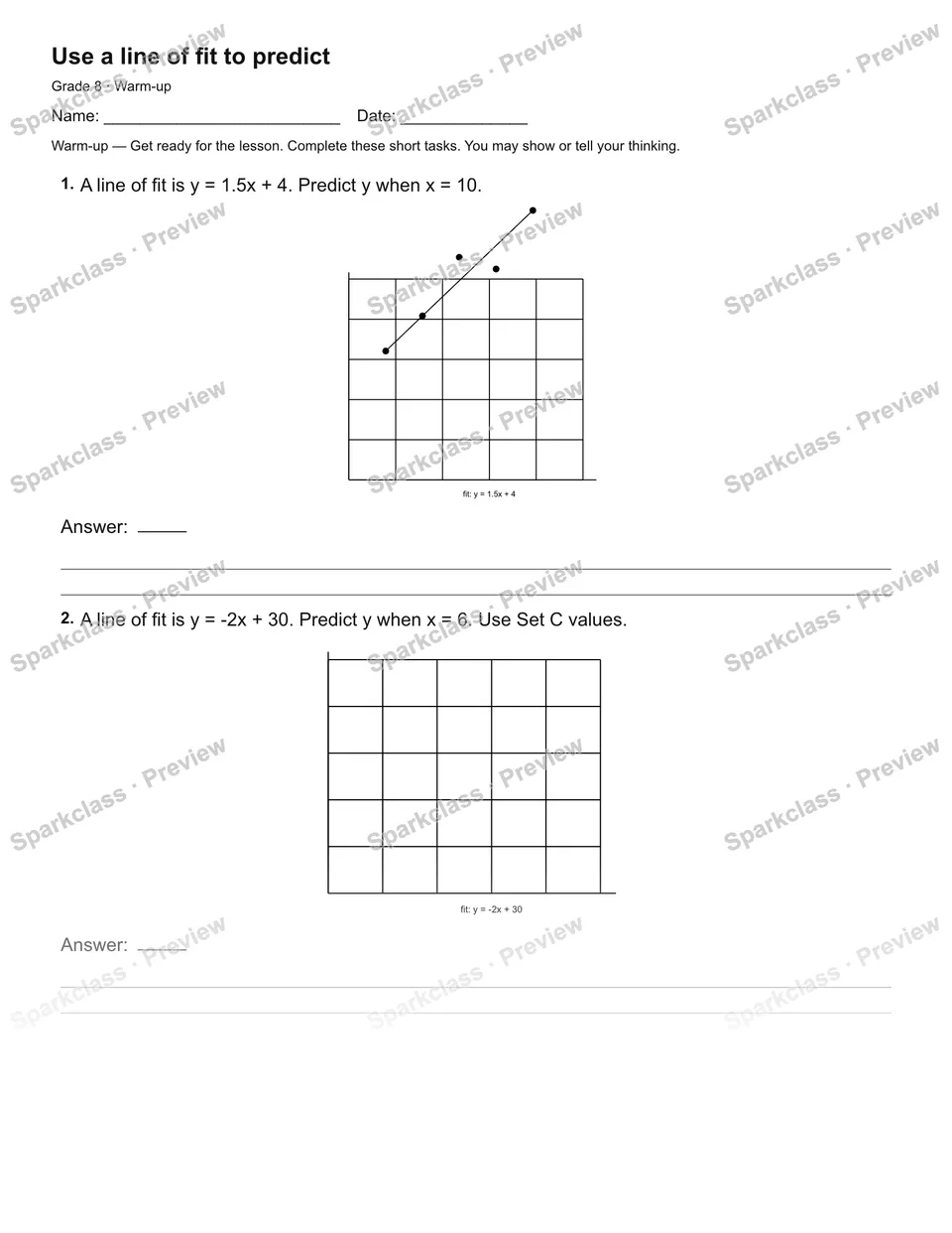 Use a line of fit to predict — Warm-up — Grade 8 worksheet preview