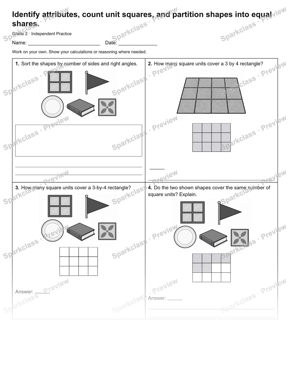 Identify attributes, count unit squares, and partition shapes into equal shares. — Independent Practice — Grade 2 worksheet preview