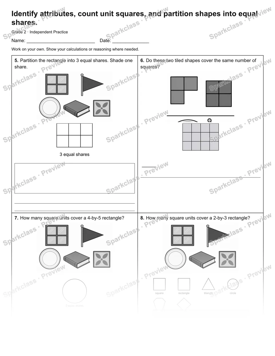Identify attributes, count unit squares, and partition shapes into equal shares. — Independent Practice — page 2