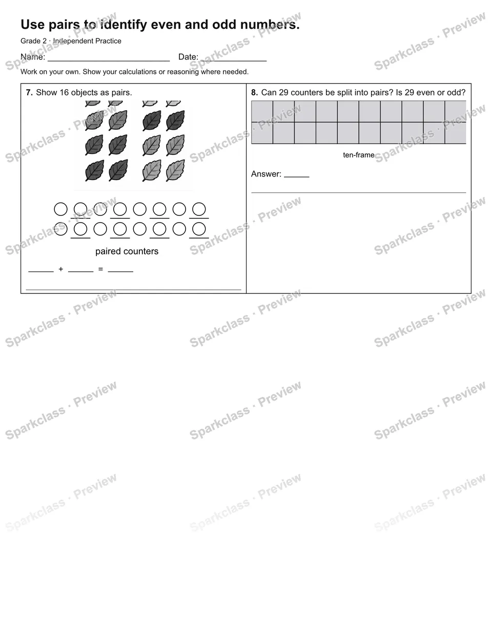 Use pairs to identify even and odd numbers. — Independent Practice — page 2