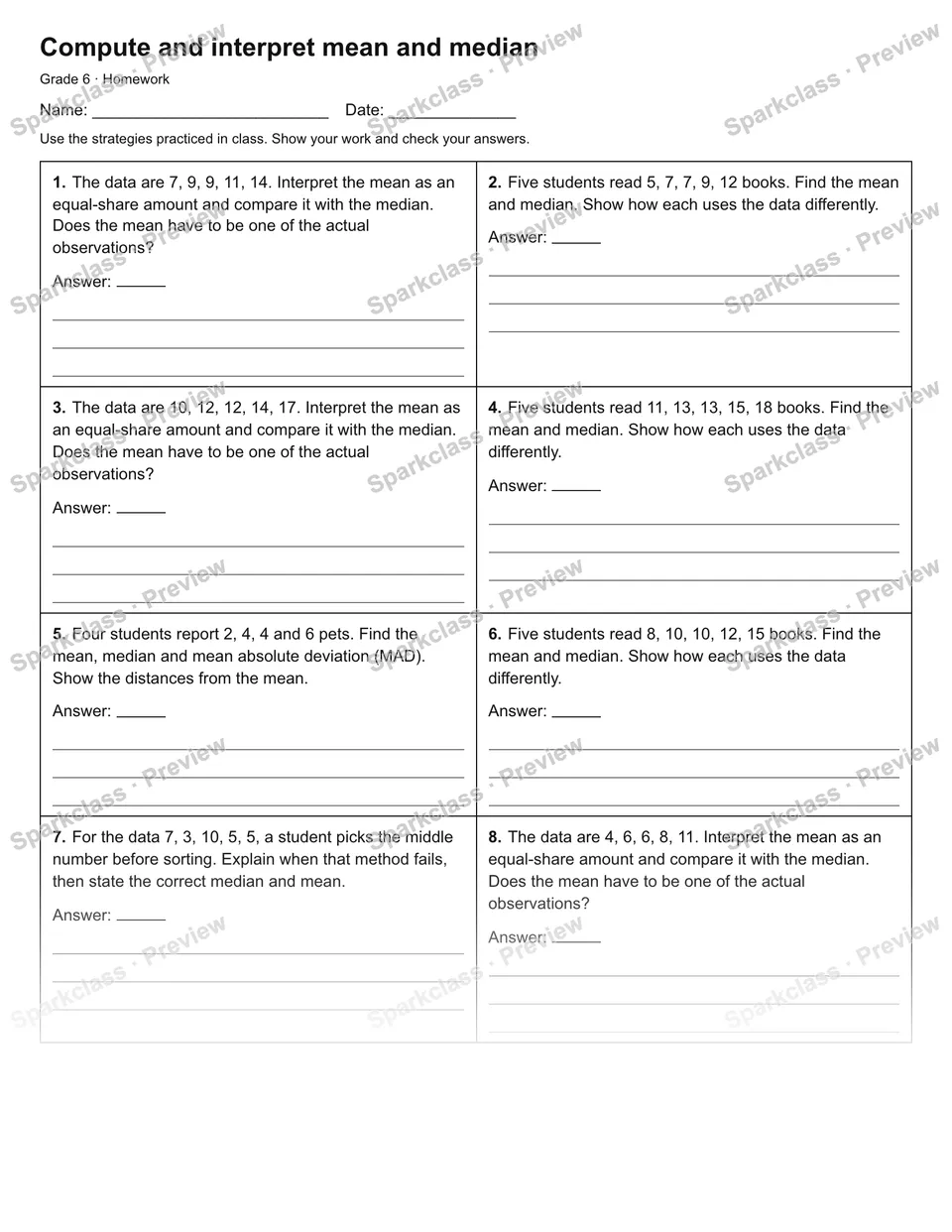 Compute and interpret mean and median — Homework — Grade 6 worksheet preview