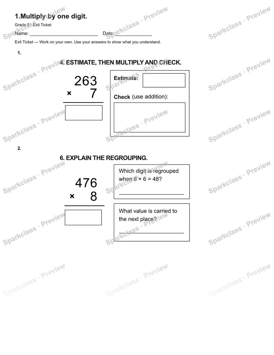 1.Multiply by one digit. — Exit Ticket — page 2
