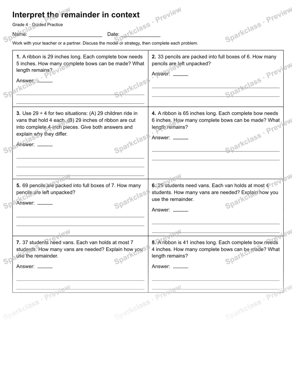 Interpret the remainder in context — Guided Practice — Grade 4 worksheet preview