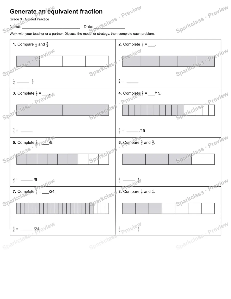 Generate an equivalent fraction — Guided Practice — Grade 3 worksheet preview