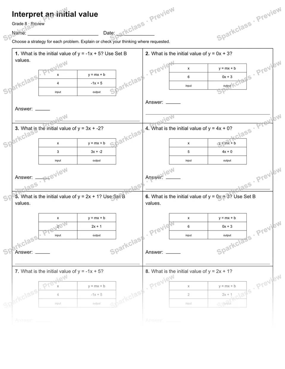 Interpret an initial value — Review — Grade 8 worksheet preview