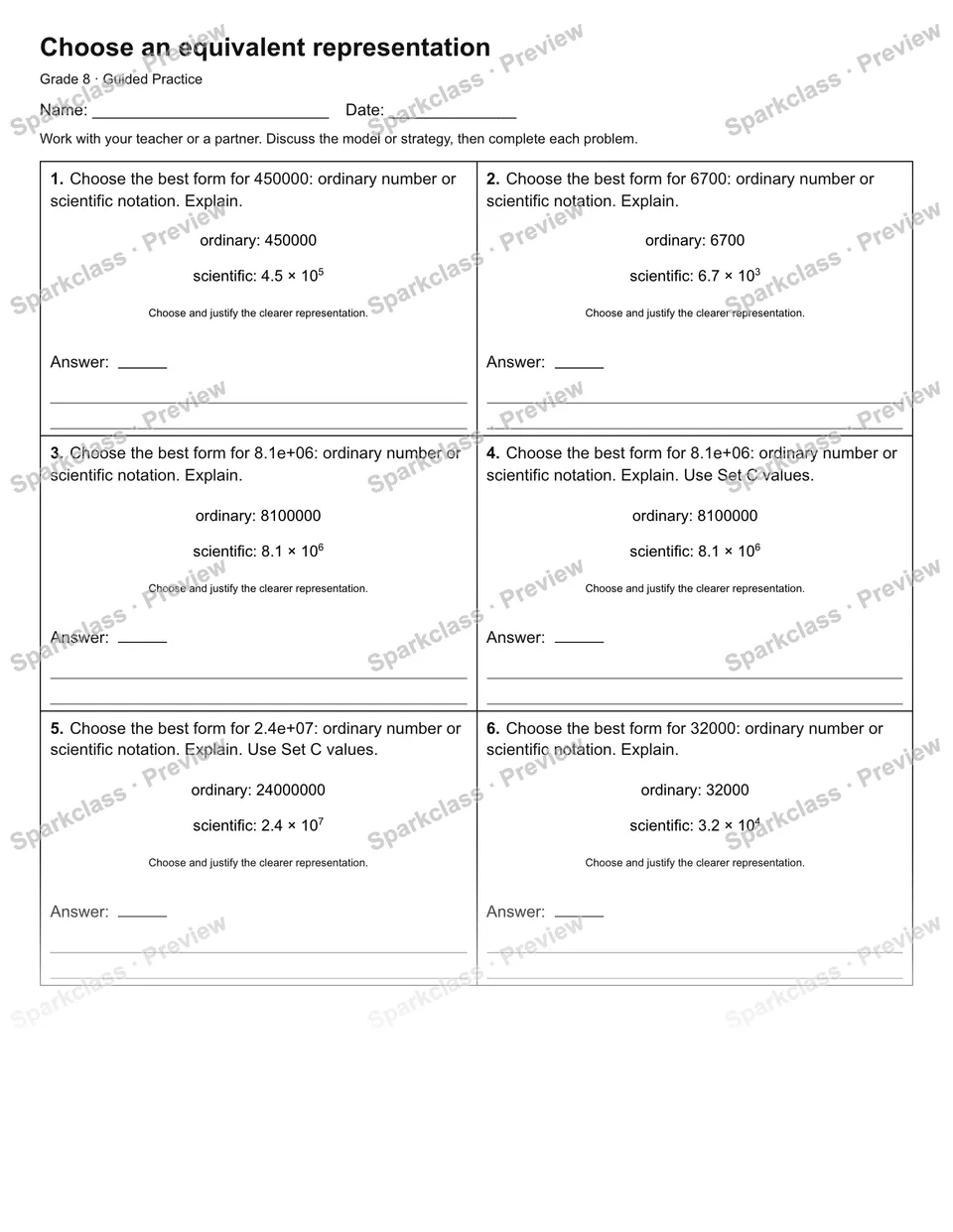 Choose an equivalent representation — Guided Practice — Grade 8 worksheet preview