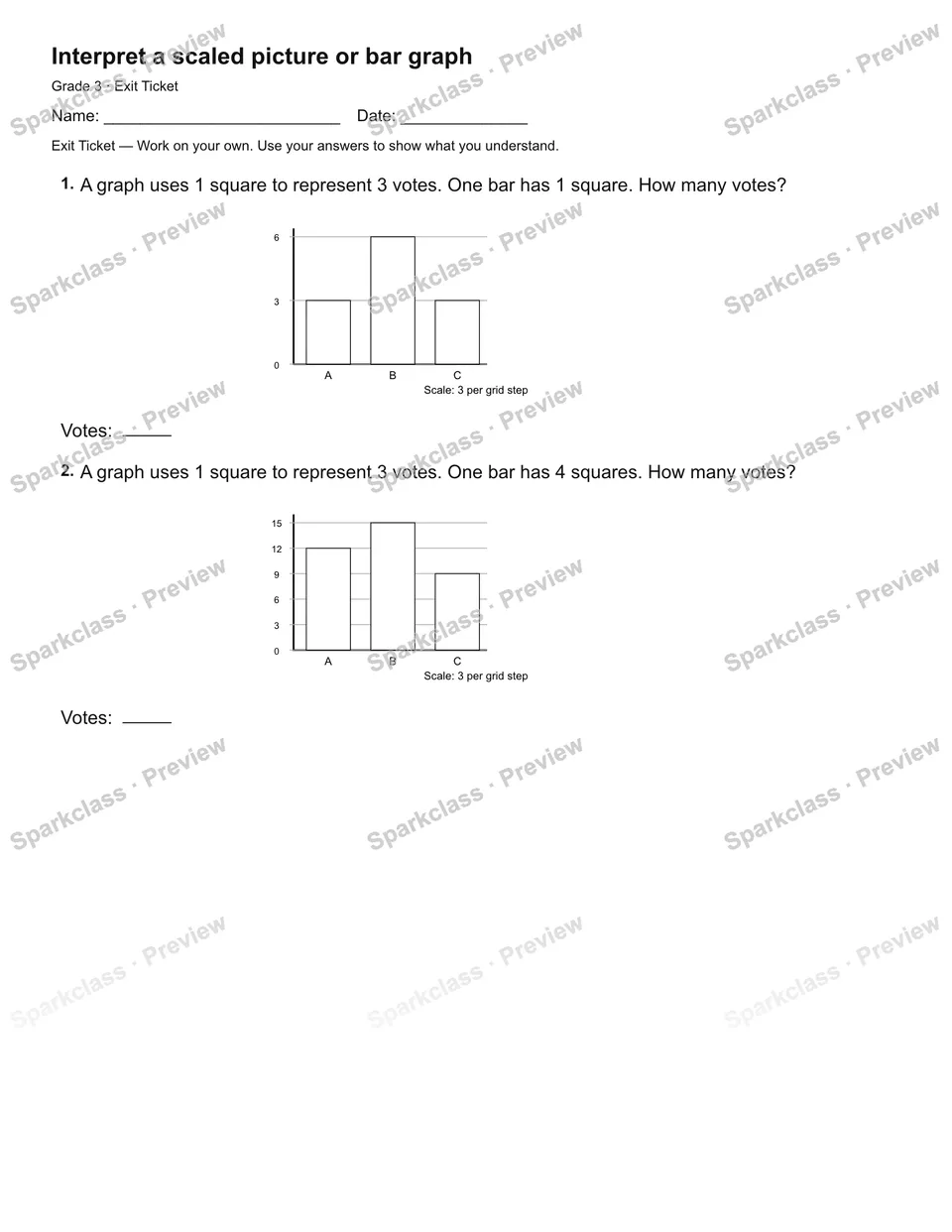 Interpret a scaled picture or bar graph — Exit Ticket — Grade 3 worksheet preview