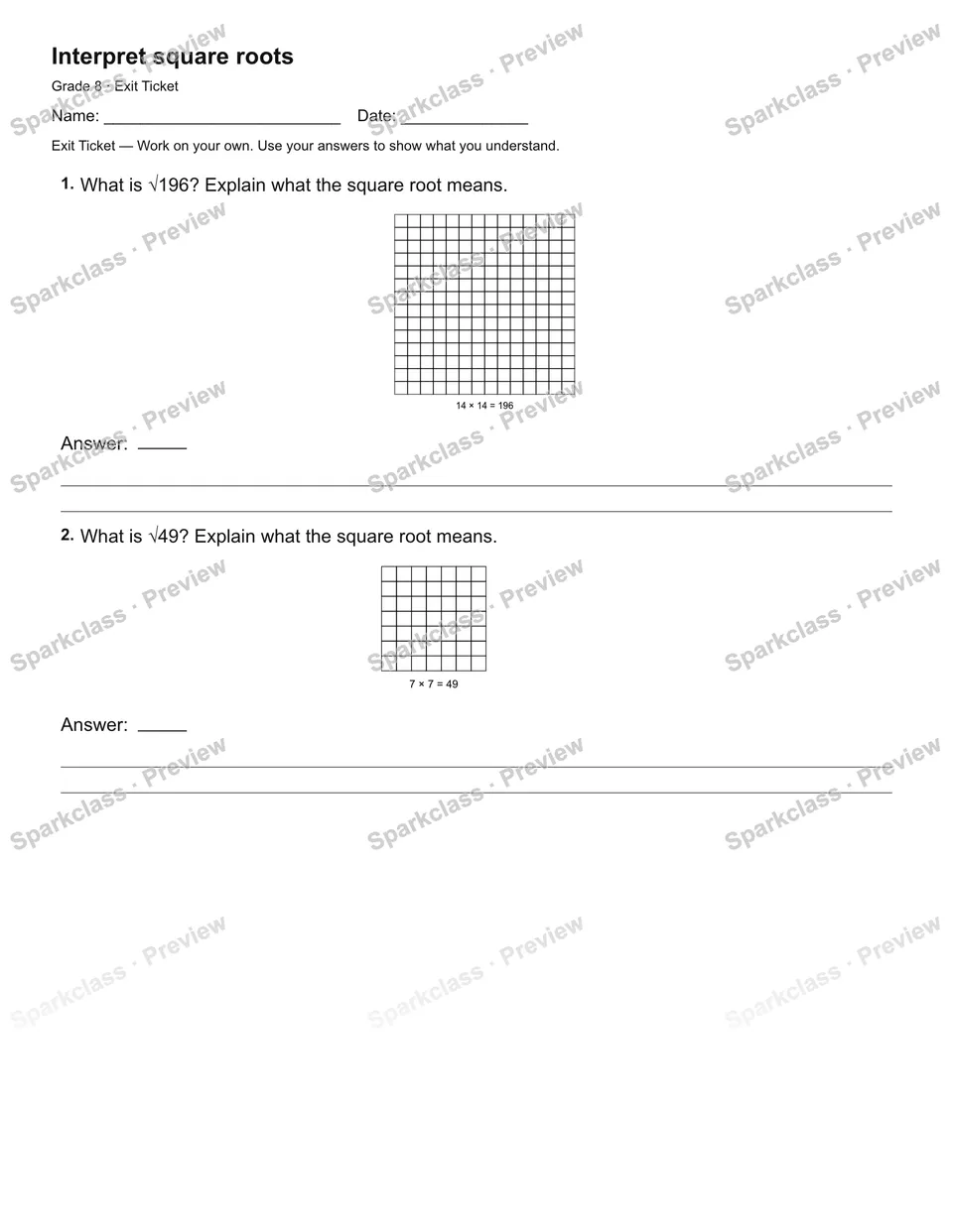 Interpret square roots — Exit Ticket — Grade 8 worksheet preview