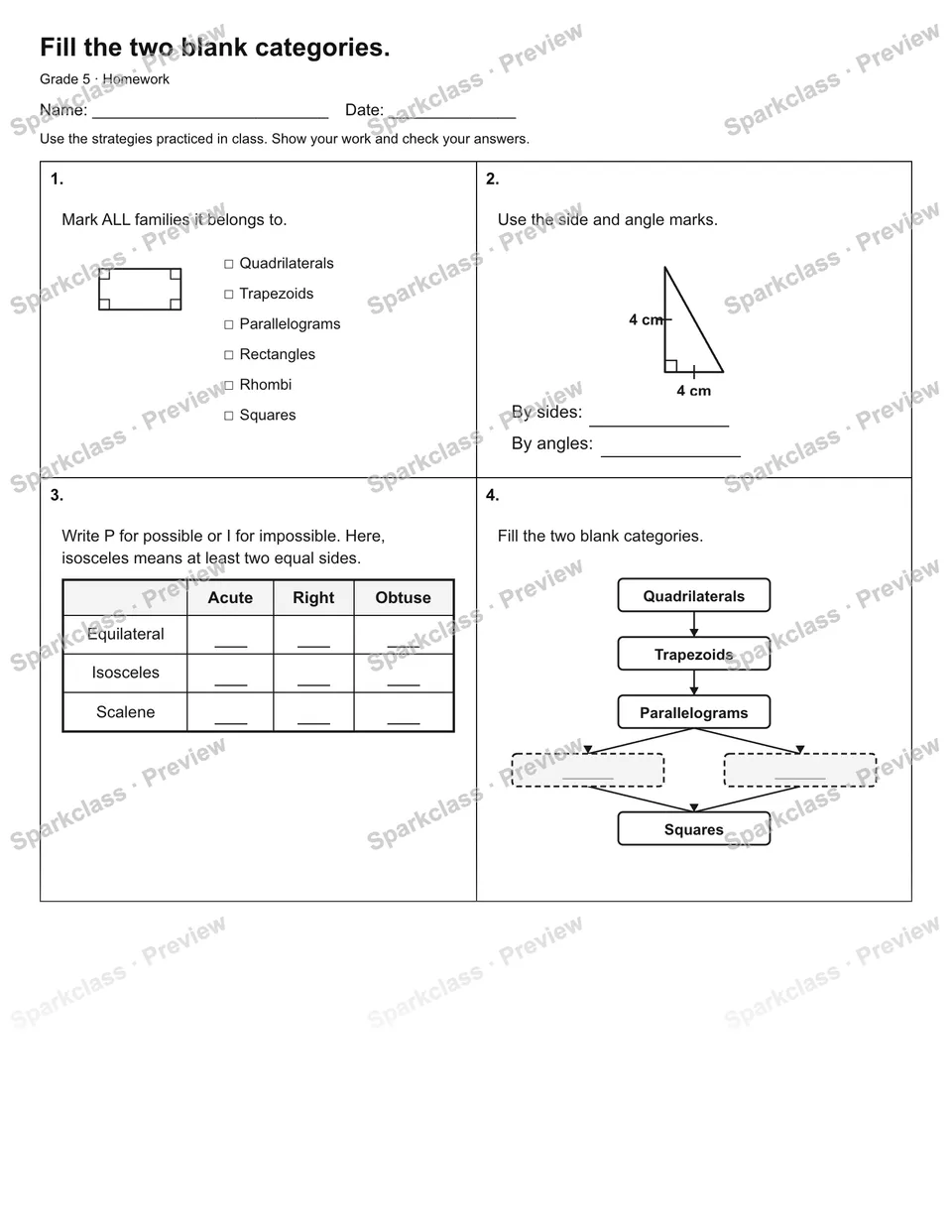 Fill the two blank categories. — Homework — Grade 5 worksheet preview