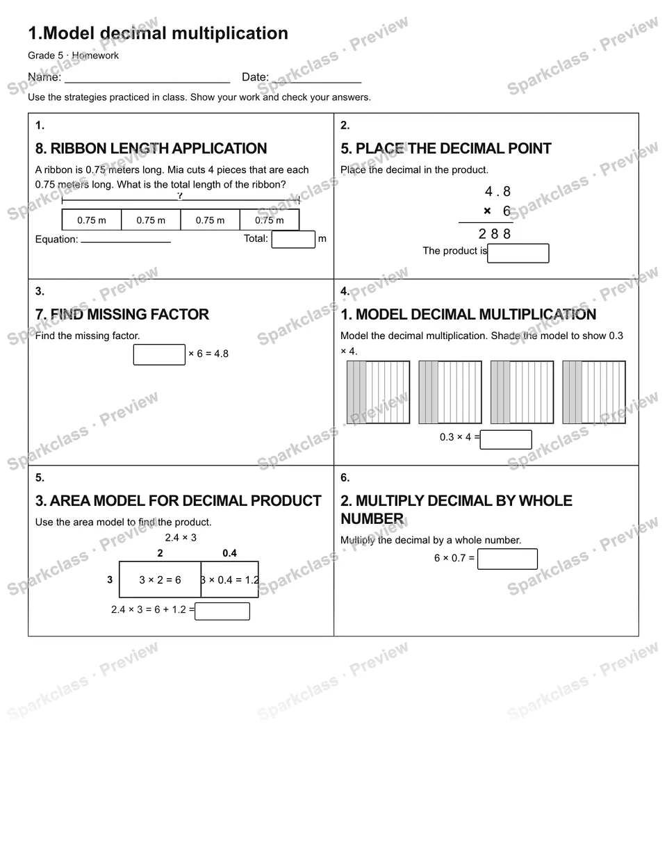 1.Model decimal multiplication — Homework — Grade 5 worksheet preview