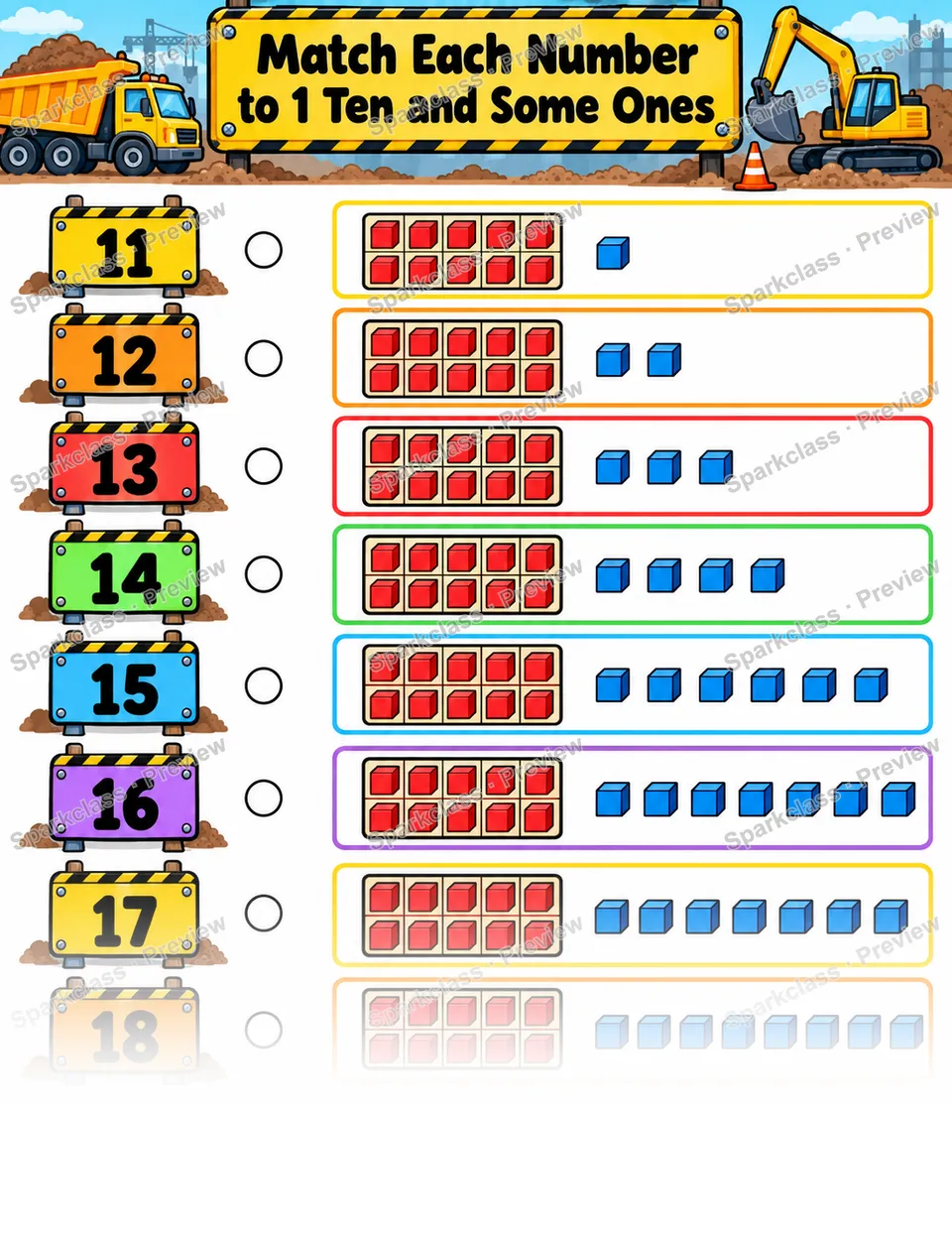 One Ten and Some Ones · 11–19 — Kindergarten worksheet preview