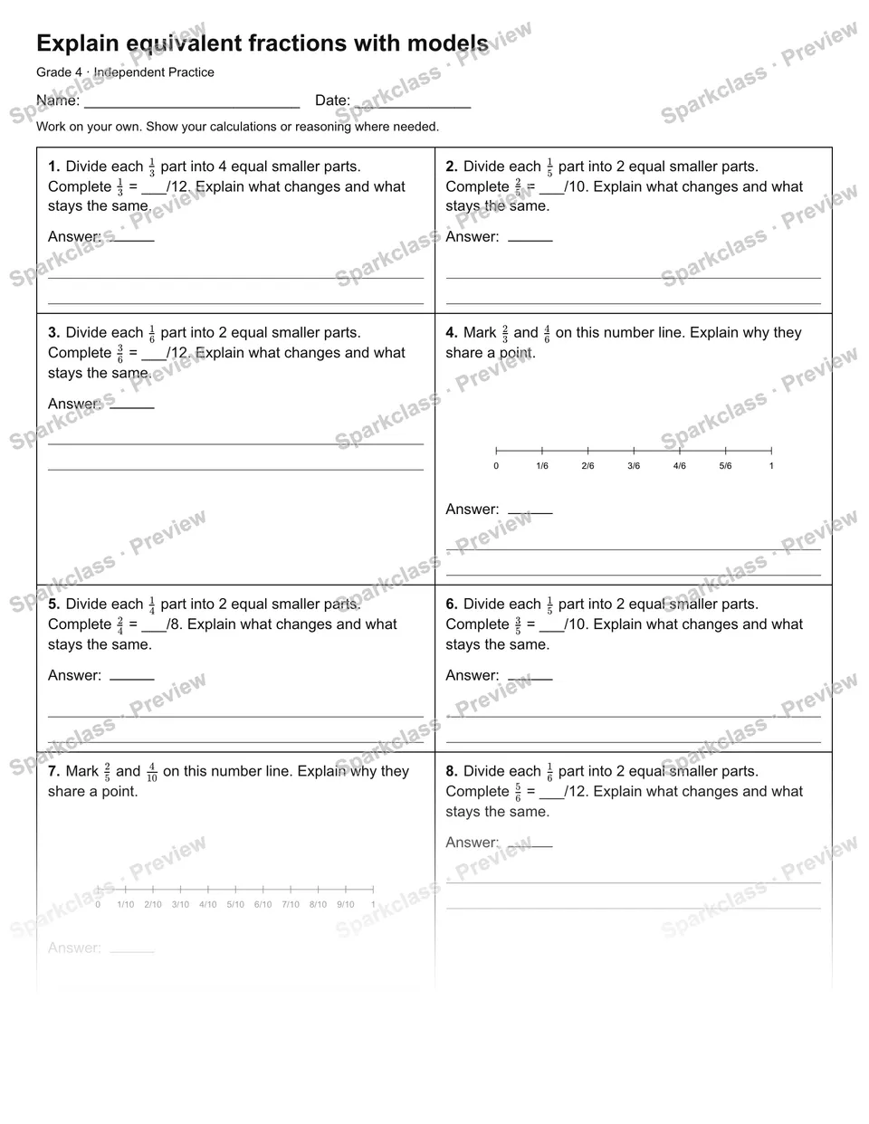 Explain equivalent fractions with models — Independent Practice — Grade 4 worksheet preview
