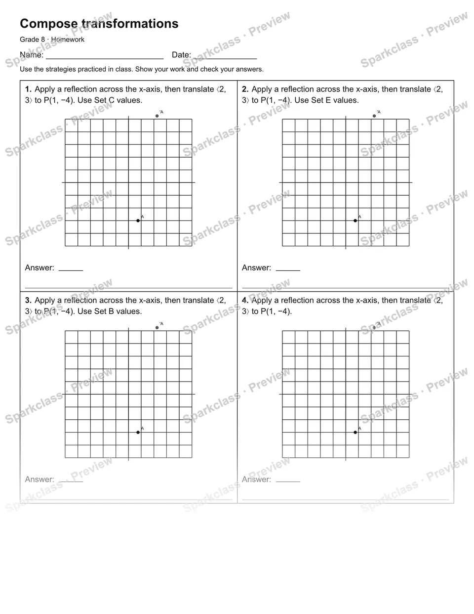 Compose transformations — Homework — Grade 8 worksheet preview