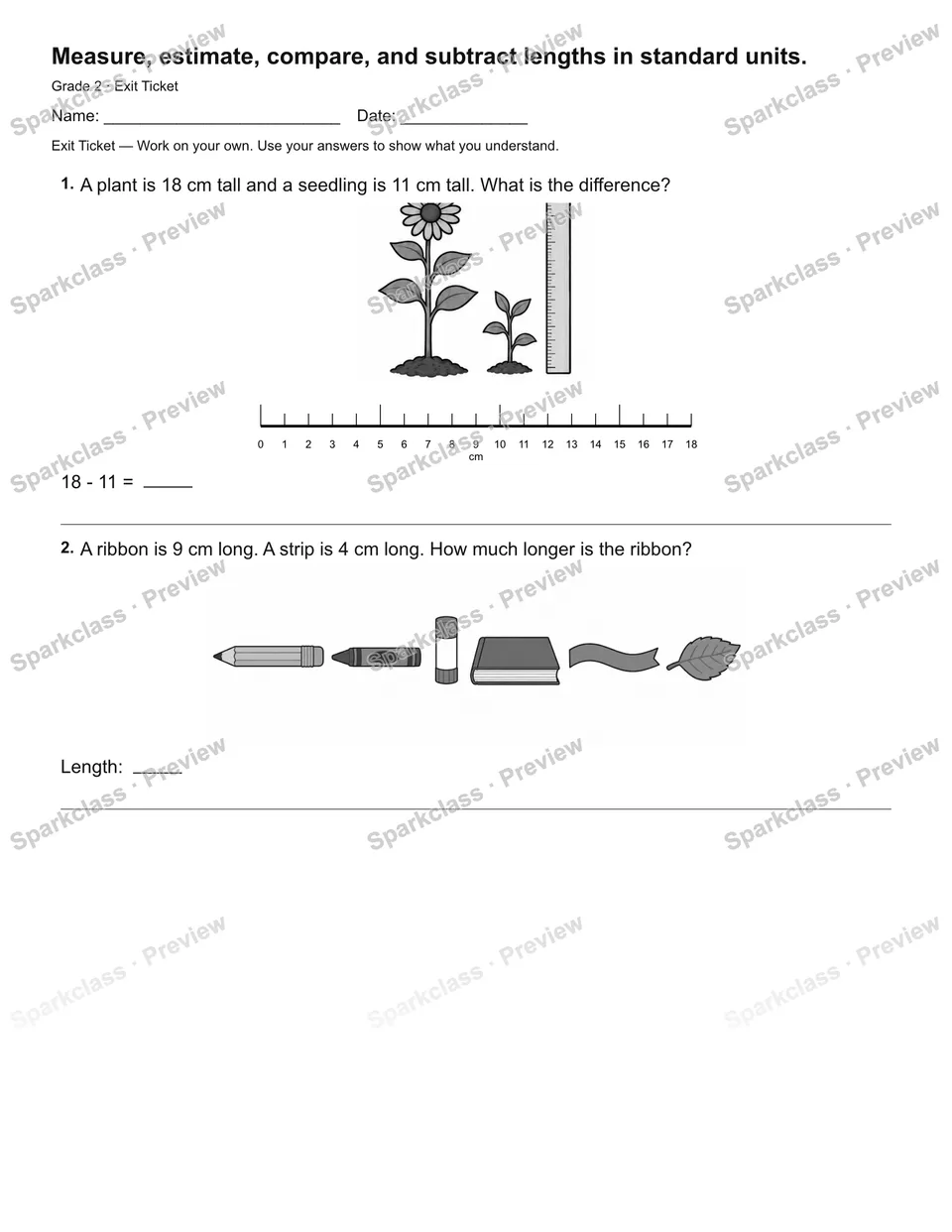 Measure, estimate, compare, and subtract lengths in standard units. — Exit Ticket — Grade 2 worksheet preview