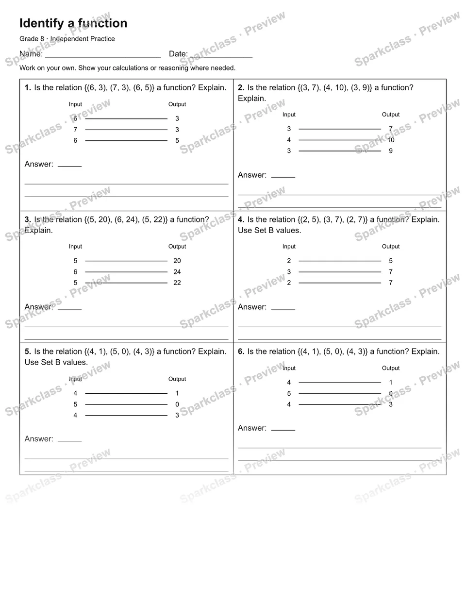 Identify a function — Independent Practice — Grade 8 worksheet preview