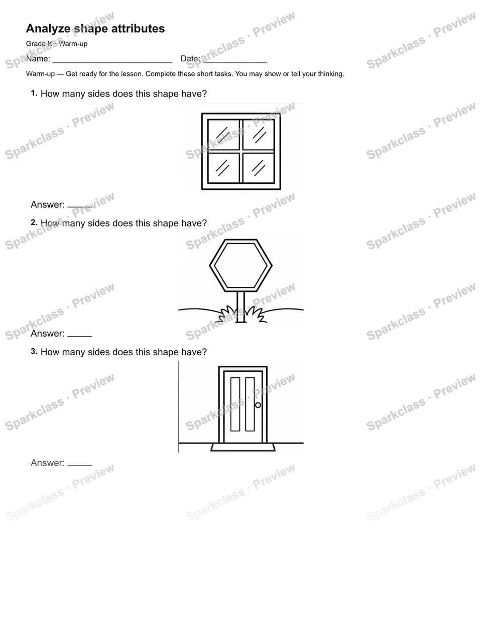 Analyze shape attributes — Warm-up — Kindergarten worksheet preview