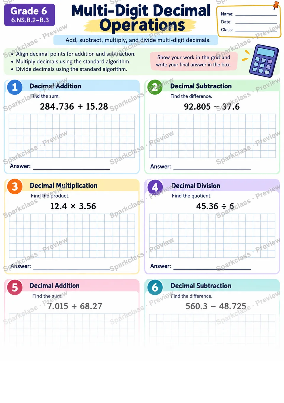 Multi Digit Decimal Operations — Grade 6 worksheet preview
