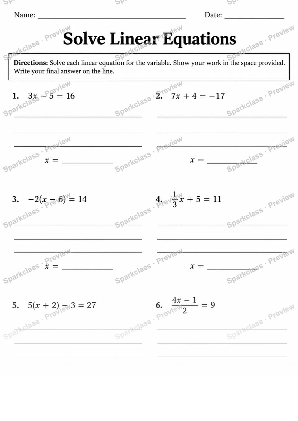 8.EE.C.7 · Solve linear equations in one variable — Grade 8 worksheet preview