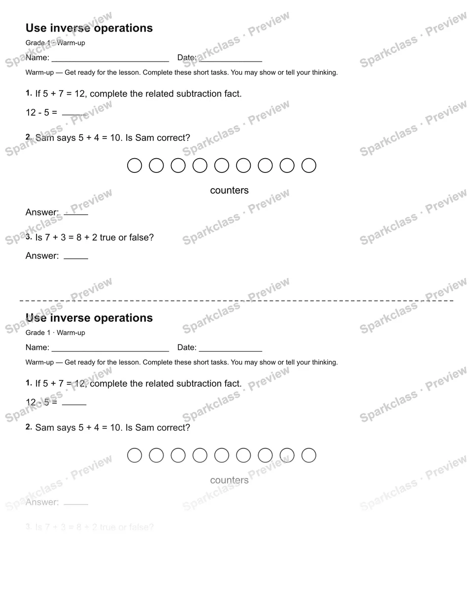 Use inverse operations — Warm-up — Grade 1 worksheet preview
