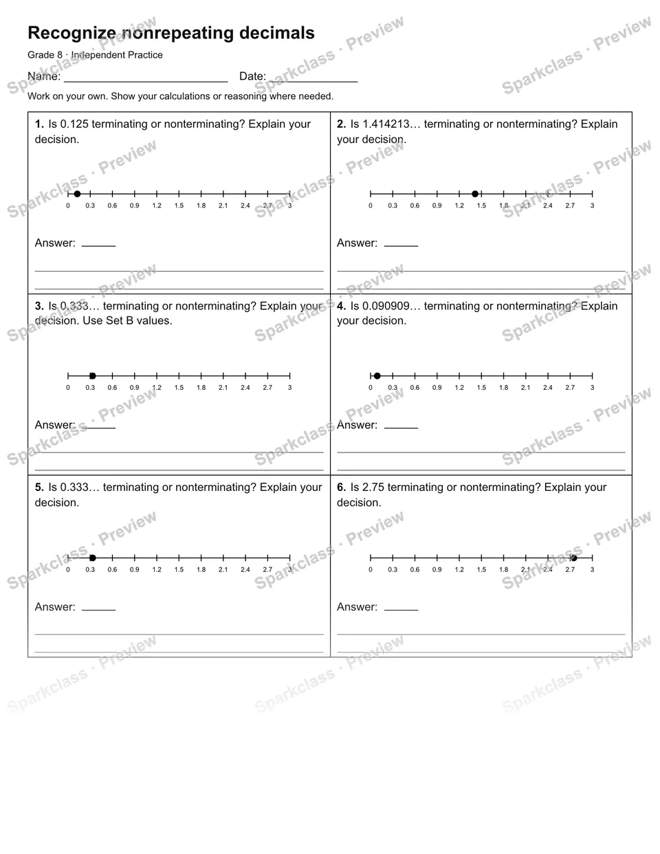 Recognize nonrepeating decimals — Independent Practice — Grade 8 worksheet preview