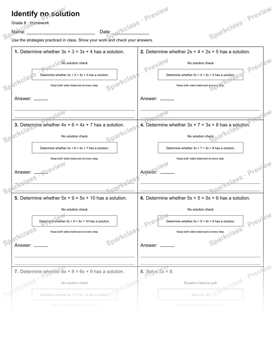 Identify no solution — Homework — Grade 8 worksheet preview