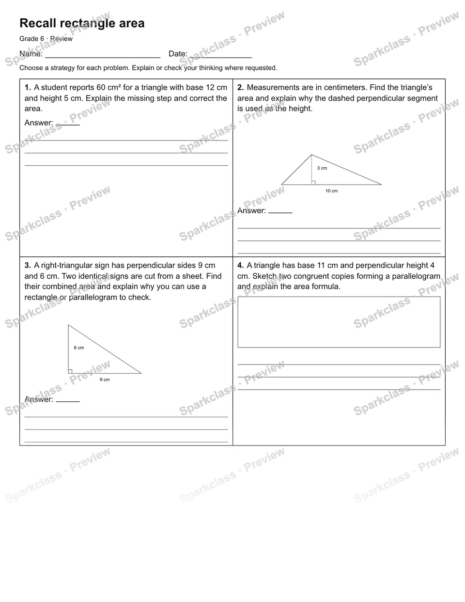 Recall rectangle area — Review — Grade 6 worksheet preview