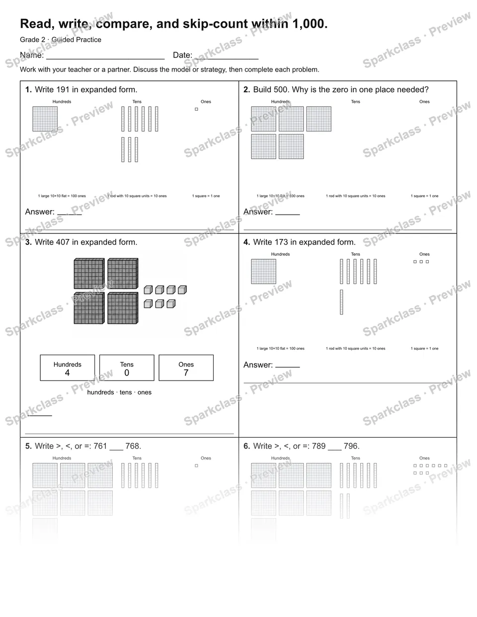 Read, write, compare, and skip-count within 1,000. — Guided Practice — Grade 2 worksheet preview