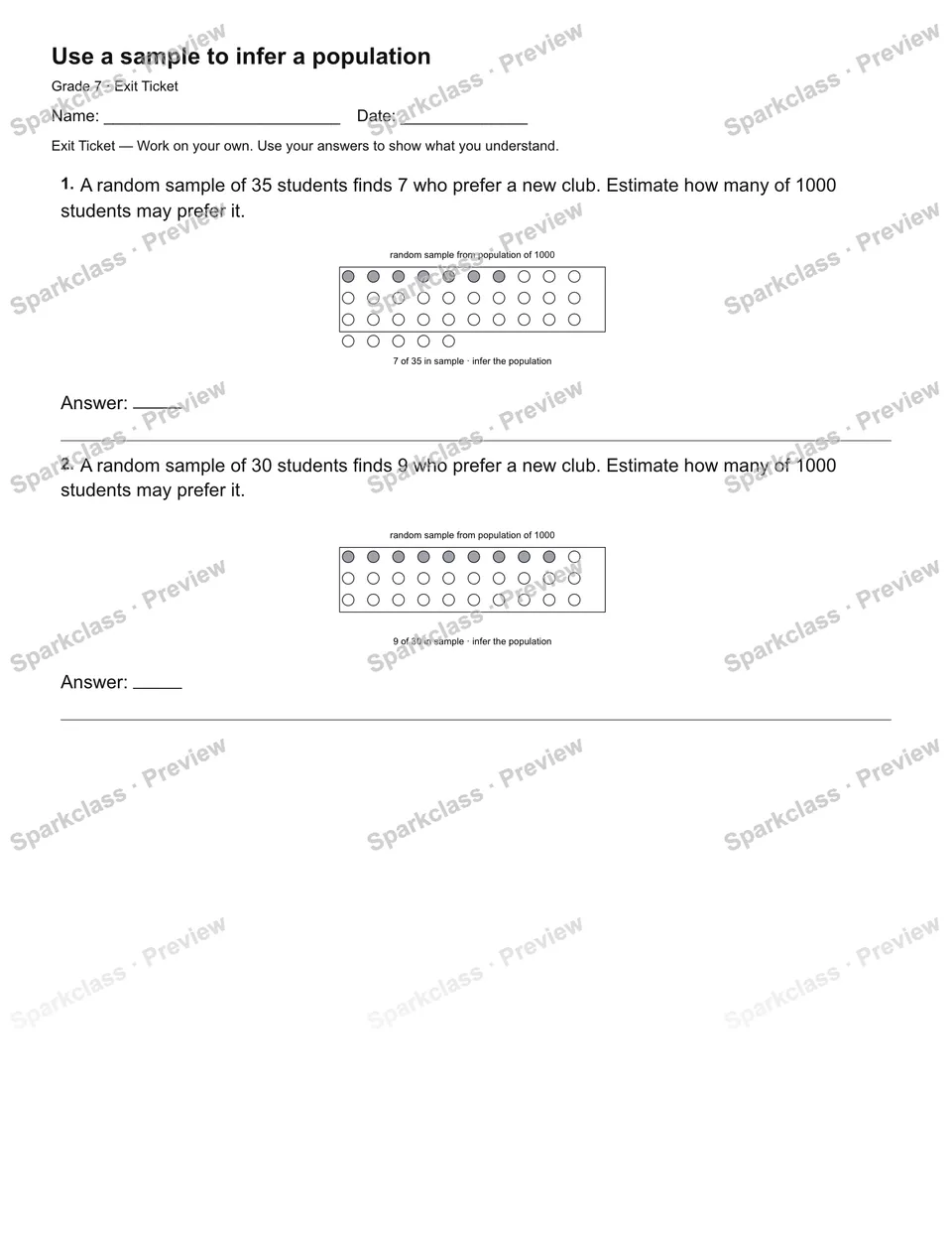 Use a sample to infer a population — Exit Ticket — Grade 7 worksheet preview