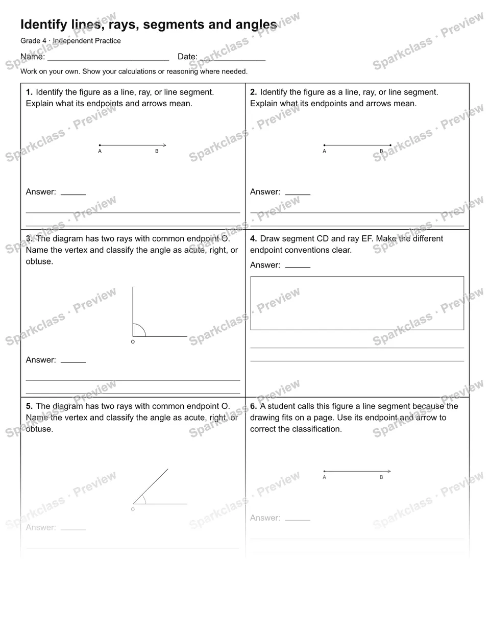 Identify lines, rays, segments and angles — Independent Practice — Grade 4 worksheet preview
