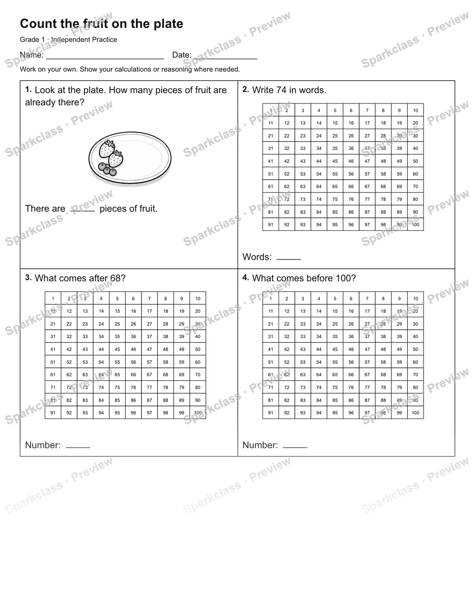 Count the fruit on the plate — Independent Practice — Grade 1 worksheet preview