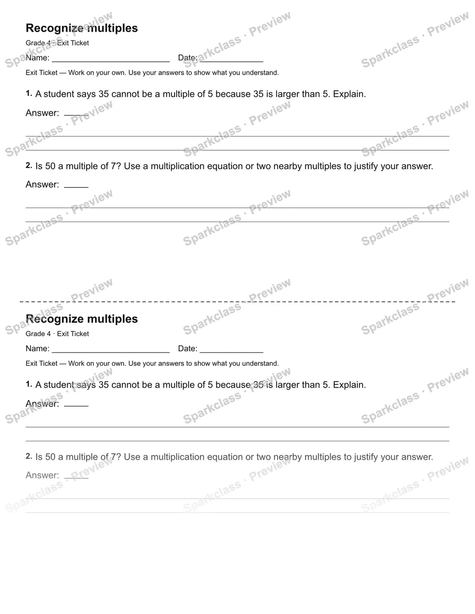 Recognize multiples — Exit Ticket — Grade 4 worksheet preview