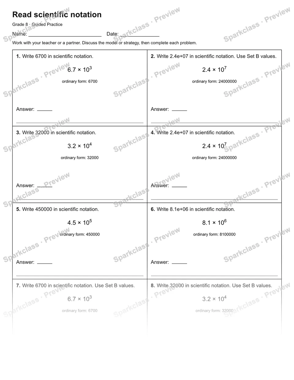 Read scientific notation — Guided Practice — Grade 8 worksheet preview