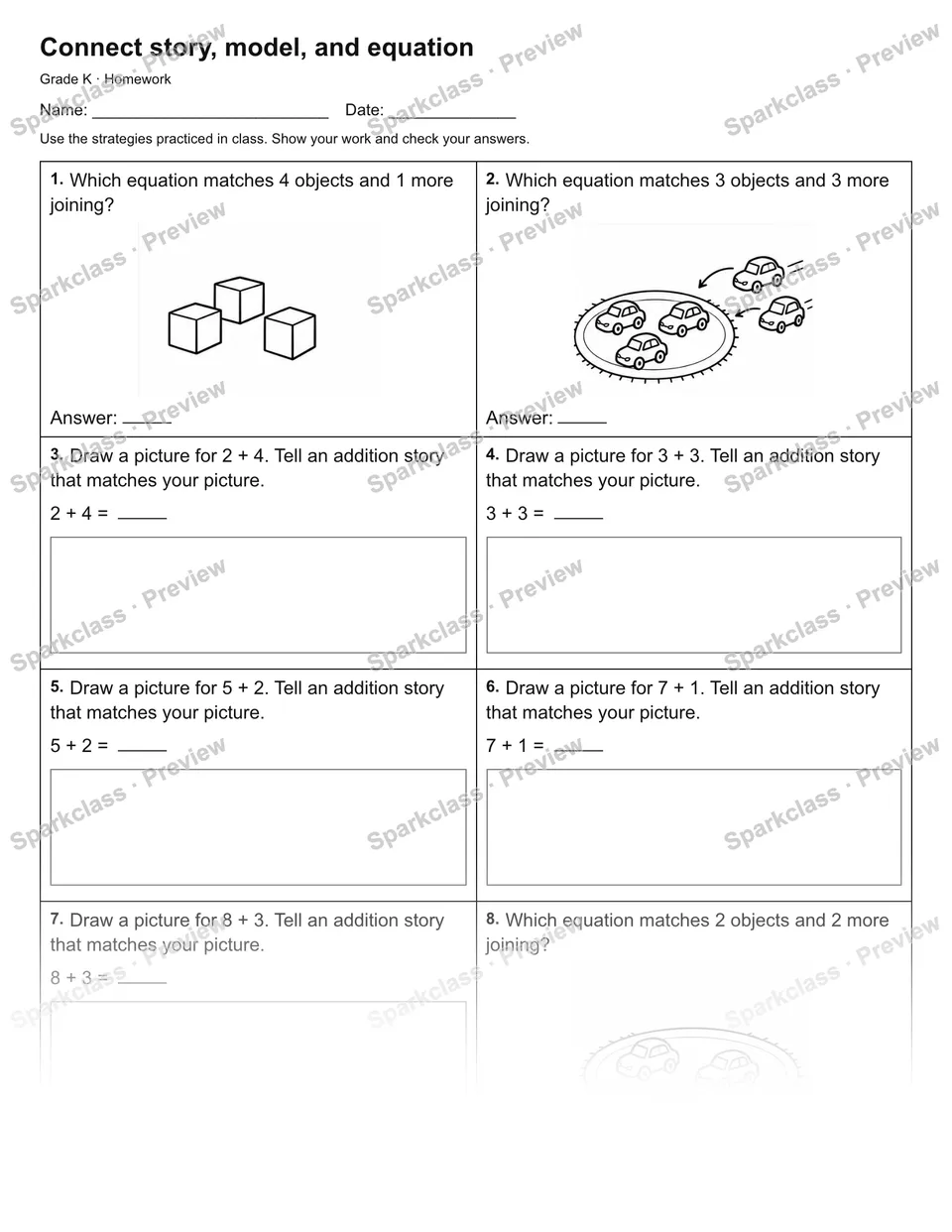 Connect story, model, and equation — Homework — Kindergarten worksheet preview