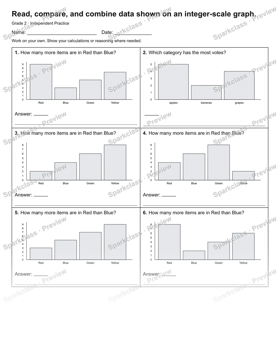Read, compare, and combine data shown on an integer-scale graph. — Independent Practice — Grade 2 worksheet preview