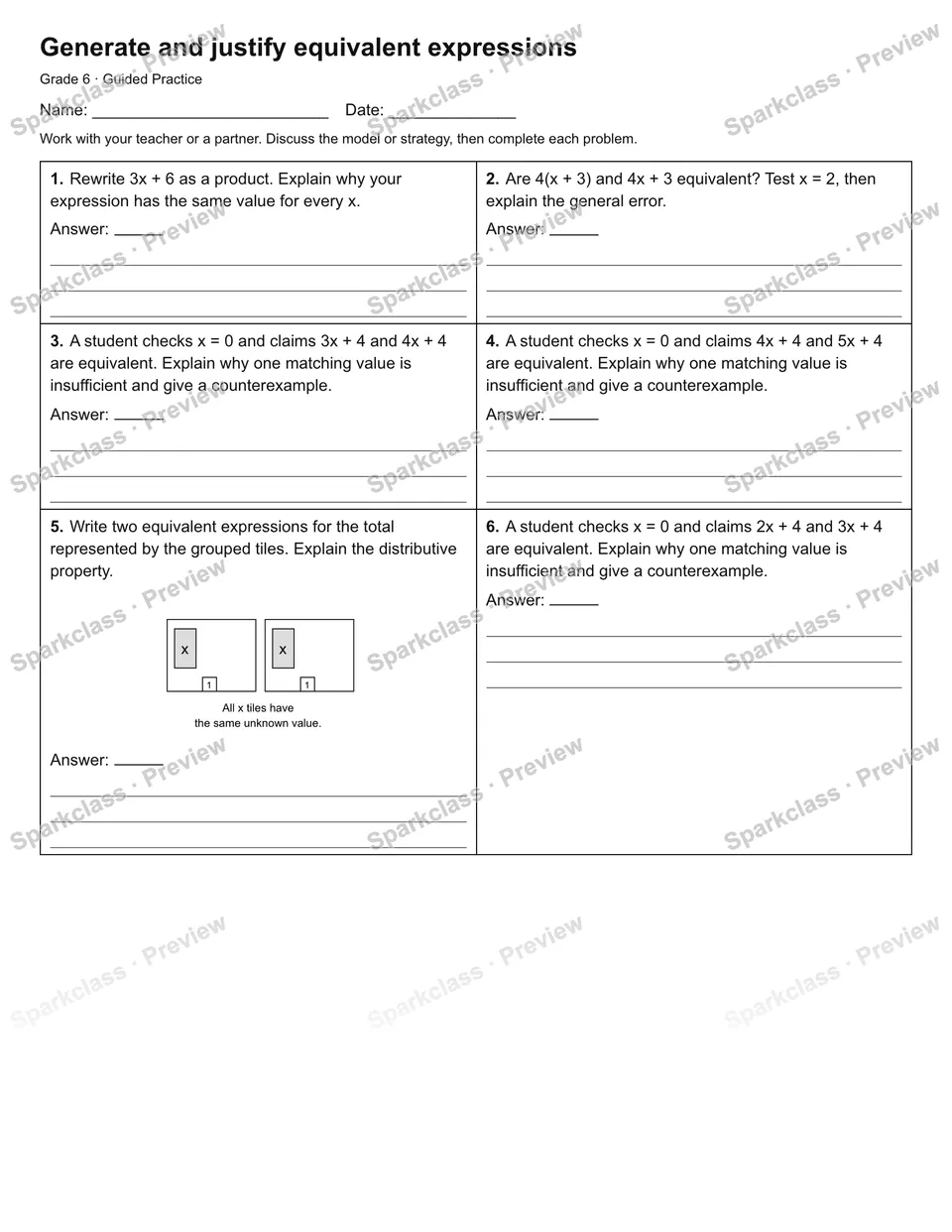 Generate and justify equivalent expressions — Guided Practice — Grade 6 worksheet preview