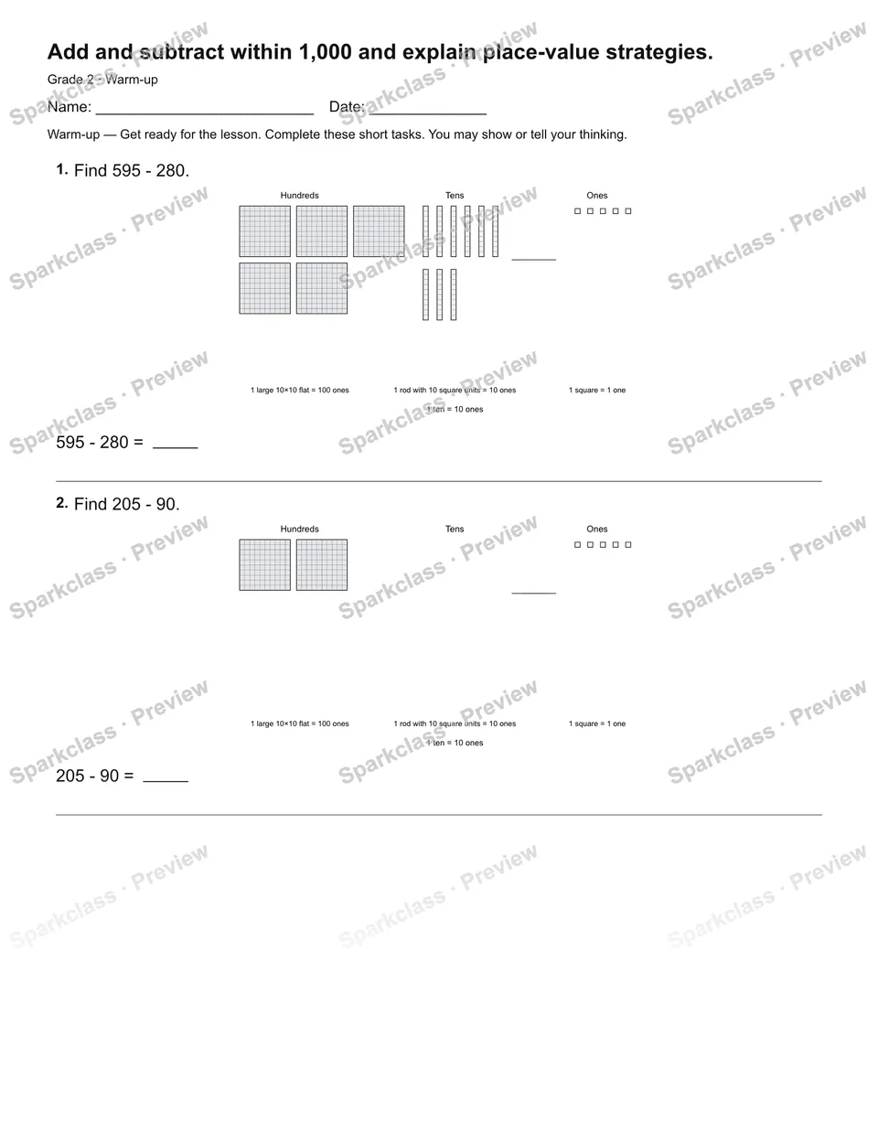 Add and subtract within 1,000 and explain place-value strategies. — Warm-up — page 2