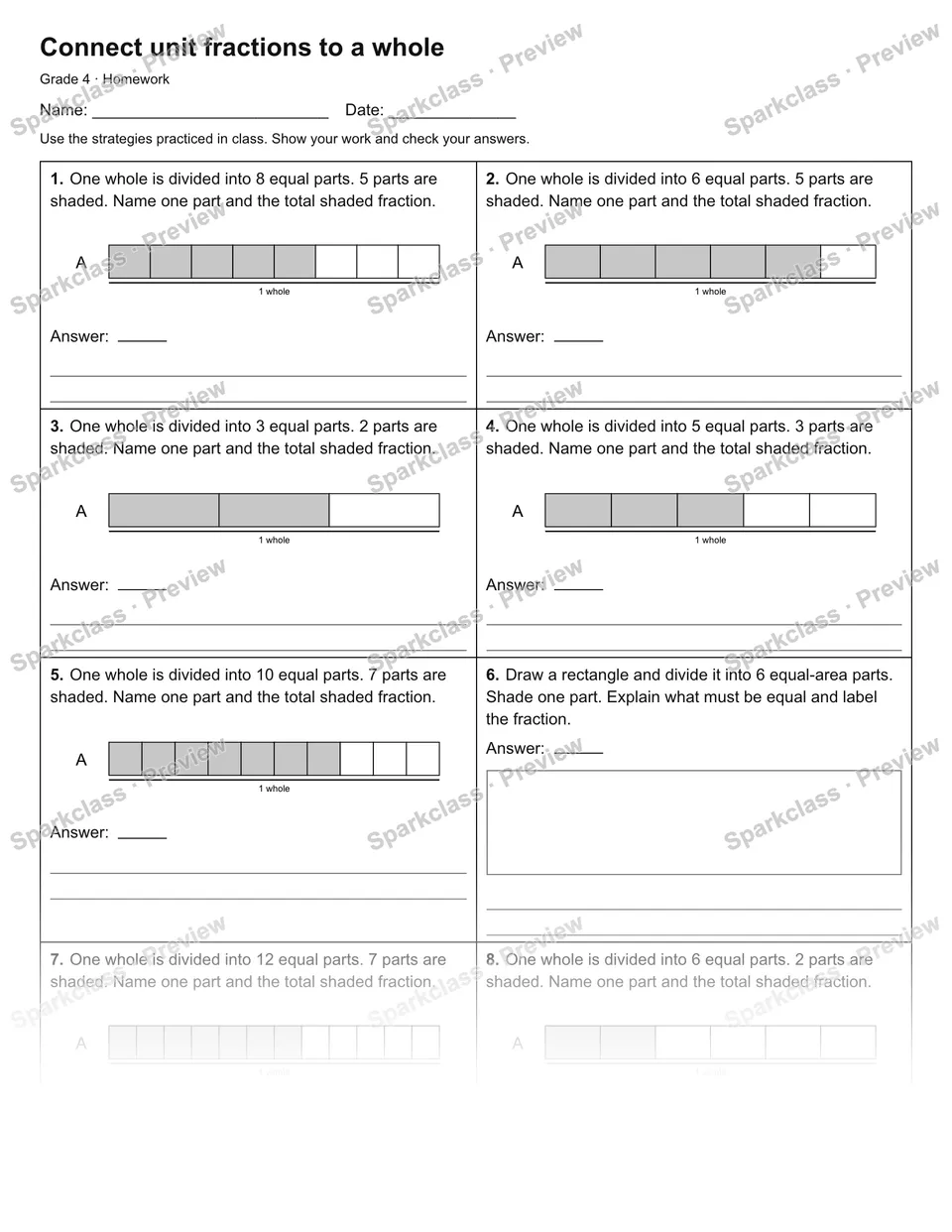 Connect unit fractions to a whole — Homework — Grade 4 worksheet preview